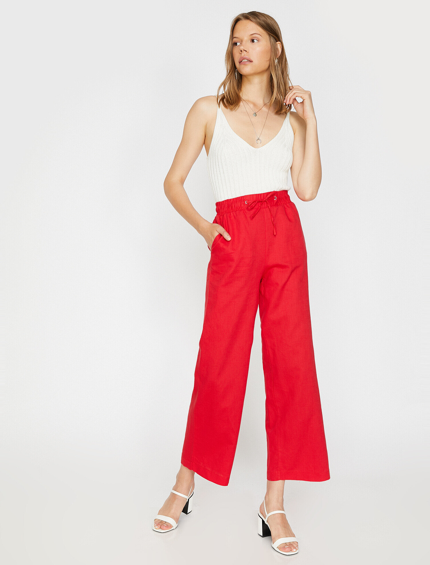   Beli Bağlamalı Pantolon Keten Karışımlı