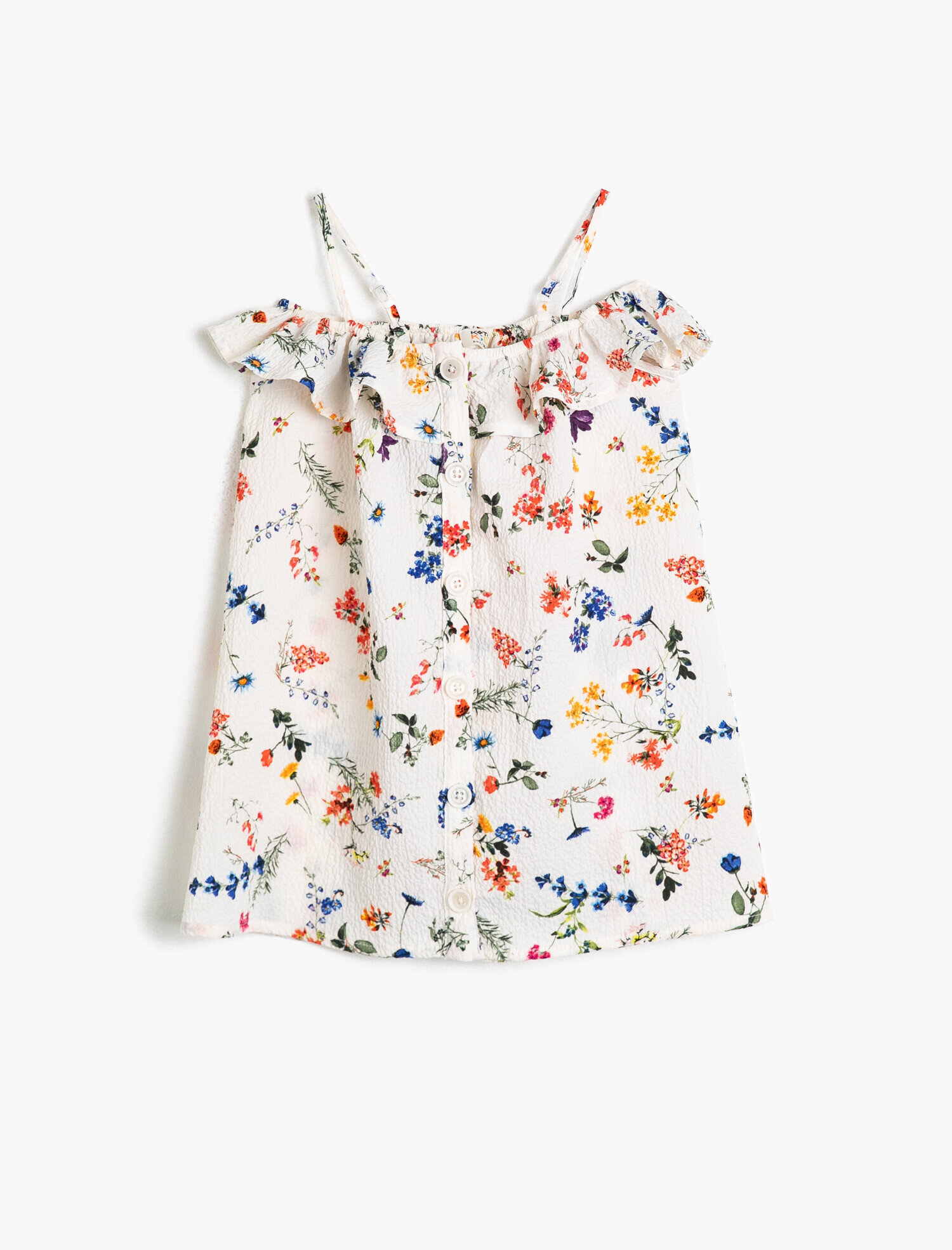  Kız Çocuk Çiçekli Dökümlü Dokulu Kumaştan Fırfırlı Askılı Orta Boy Elbise