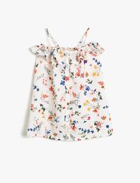 Çiçekli Dökümlü Dokulu Kumaştan Fırfırlı Askılı Orta Boy Elbise