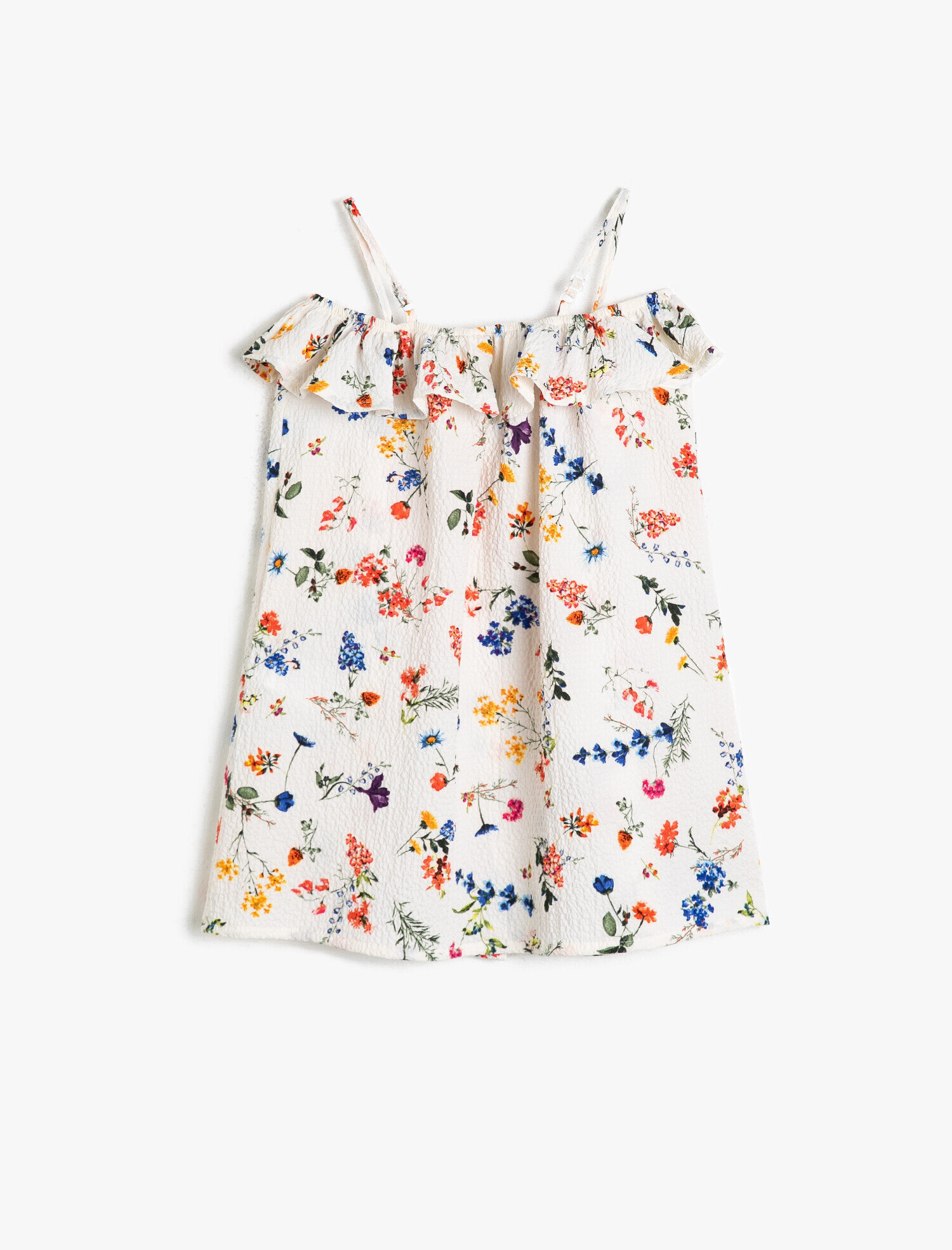  Kız Çocuk Çiçekli Dökümlü Dokulu Kumaştan Fırfırlı Askılı Orta Boy Elbise