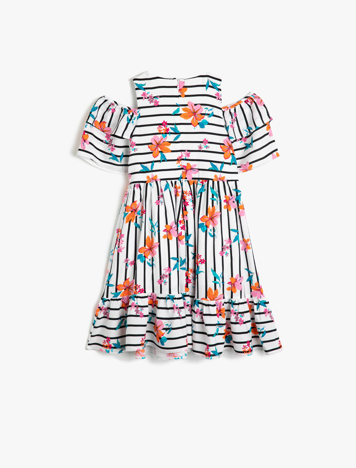  Kız Çocuk Çizgili Dökümlü Kumaştan Omzu Açık Kısa Kollu Diz Altı Elbise