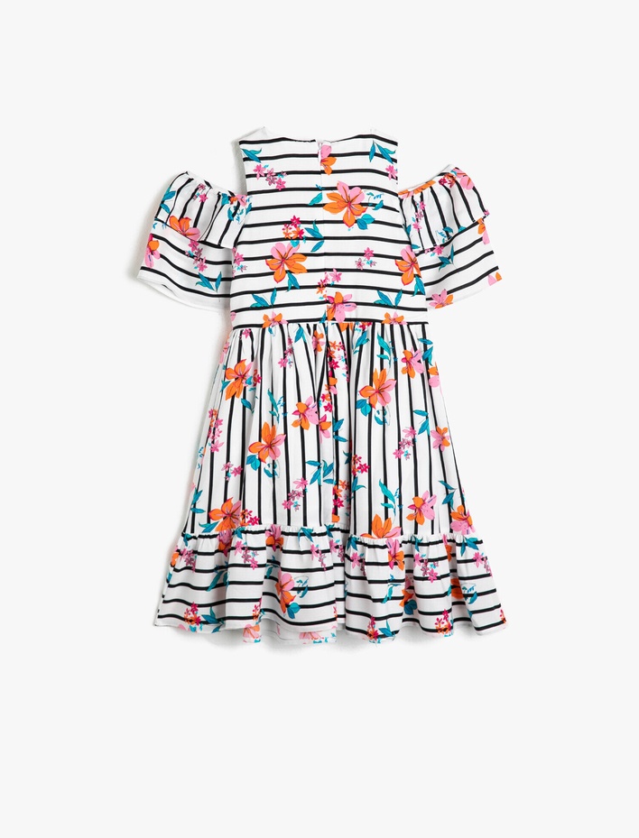 Kız Çocuk Çizgili Dökümlü Kumaştan Omzu Açık Kısa Kollu Diz Altı Elbise