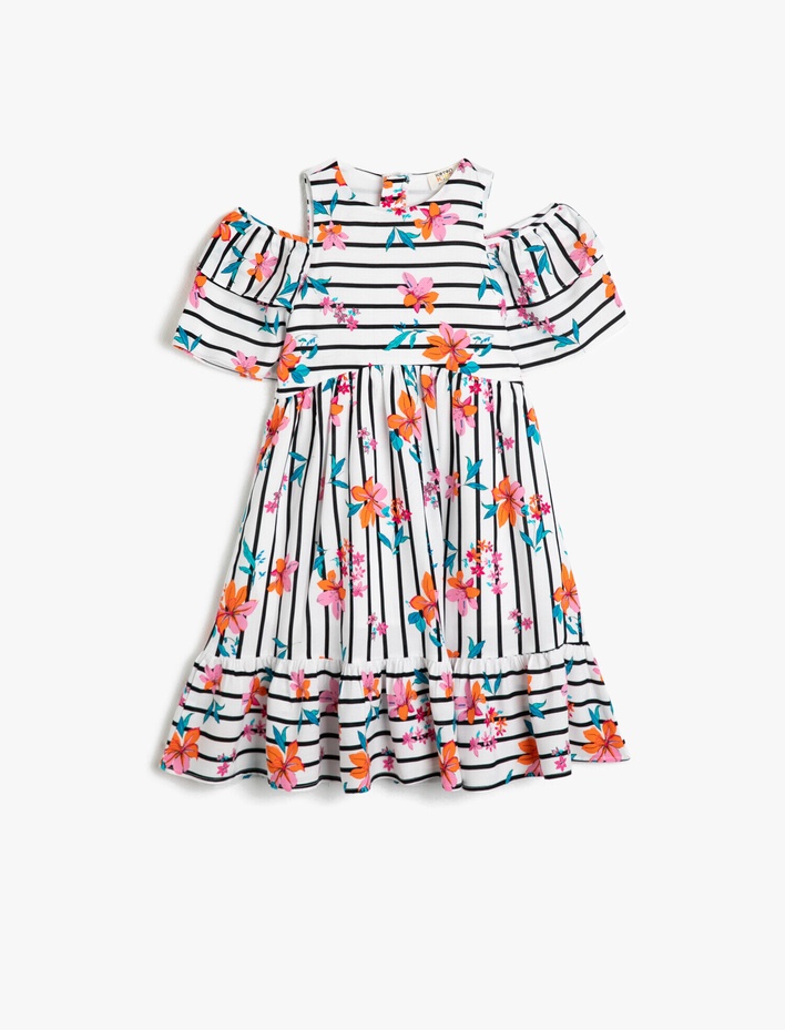 Kız Çocuk Çizgili Dökümlü Kumaştan Omzu Açık Kısa Kollu Diz Altı Elbise