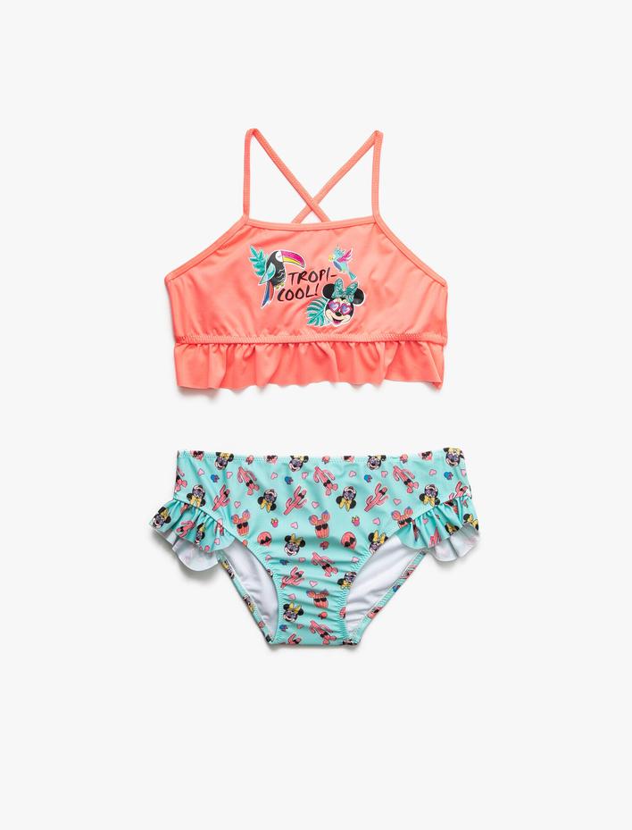 Kız Çocuk Bikini Seti Minnie Mouse Baskılı Lisanslı Askılı Fırfırlı