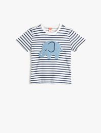 Bisiklet Yaka Kısa Kollu Çizgili Pamuklu Tişört