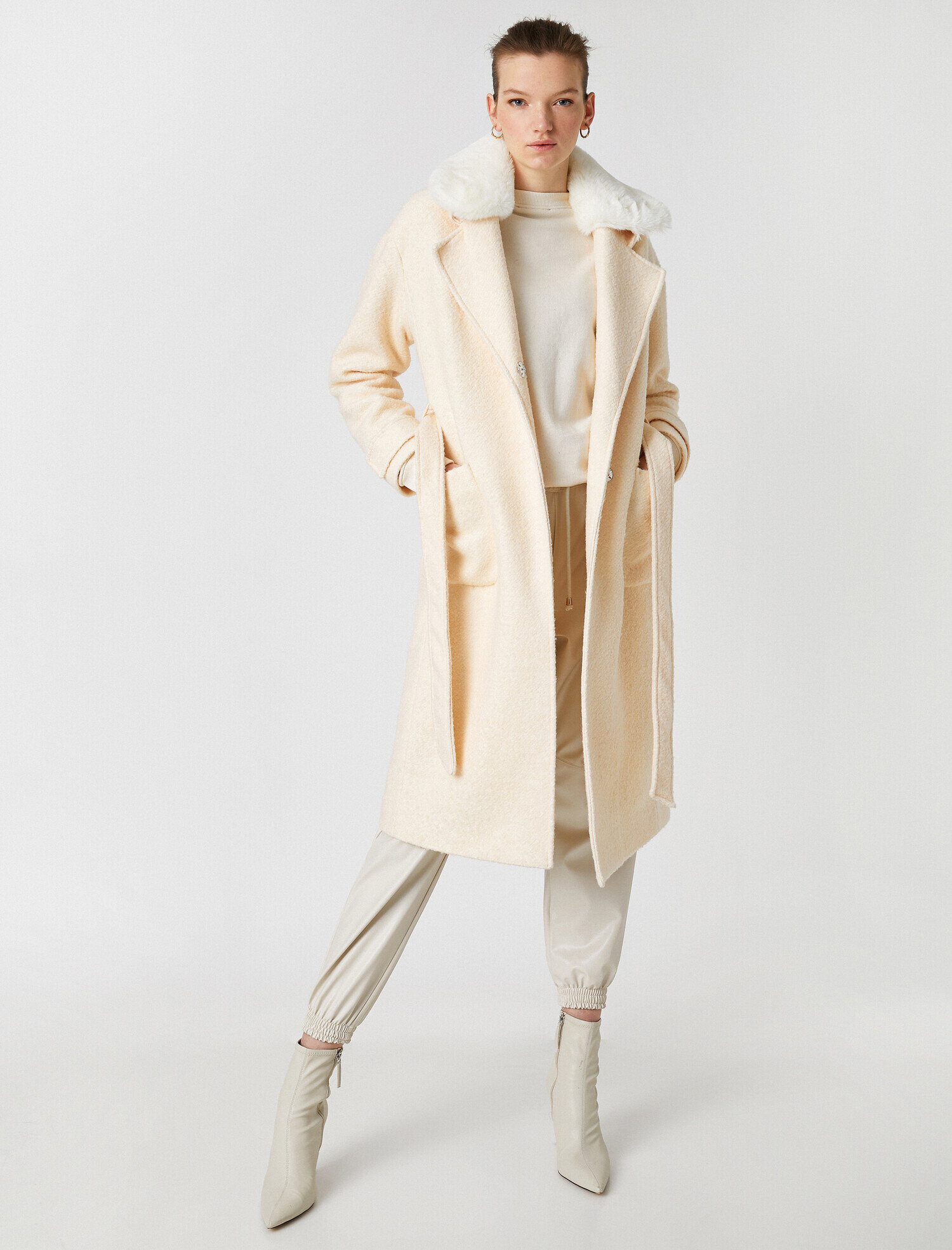   Suni Kürk Detaylı Kemerli Cepli Kaban