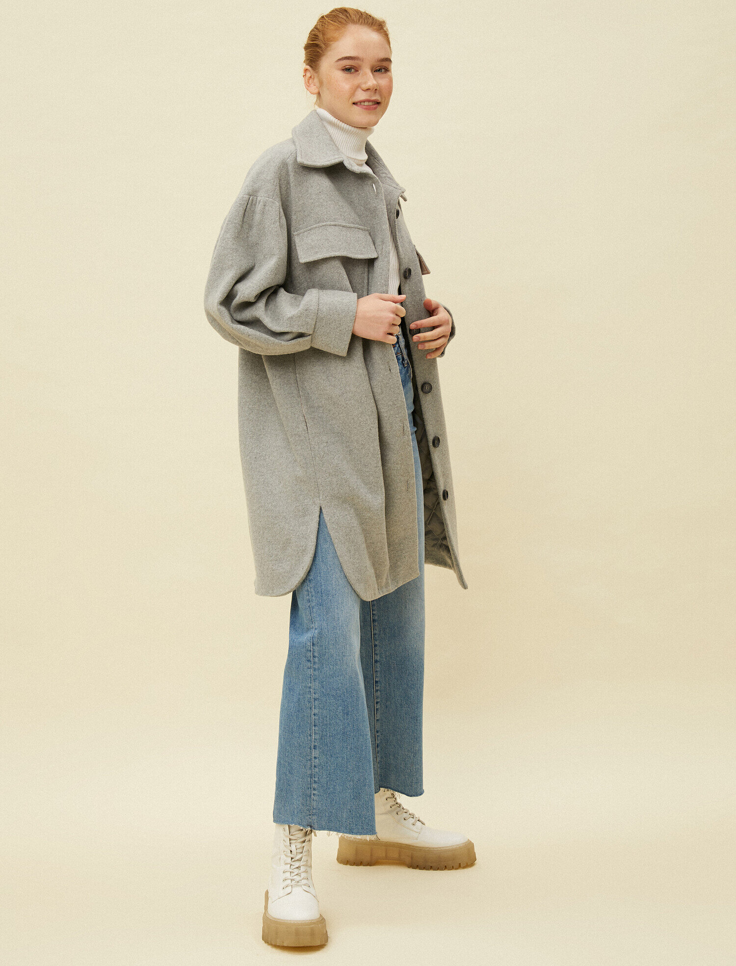   Gömlek Yaka Kapitoneli Astarlı Uzun Kaşe Ceket