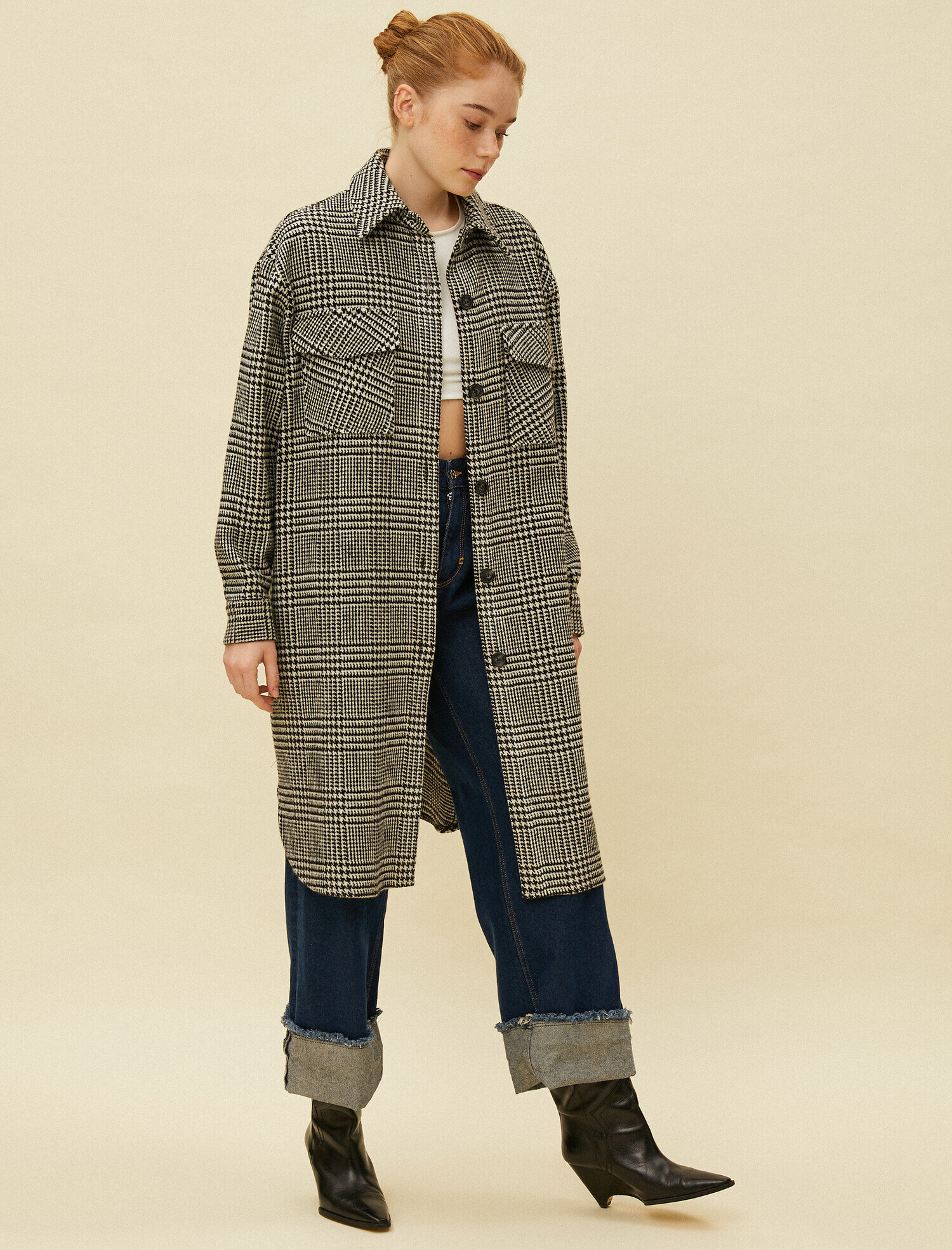 Gömlek Ceket Kazayağı Desenli Uzun Kaşe