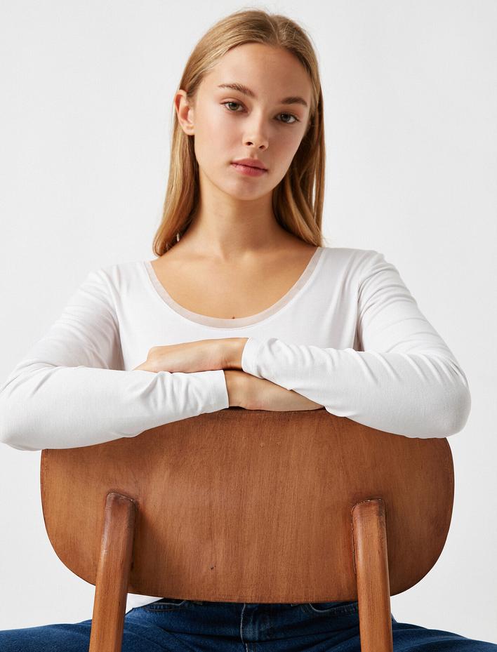  Uzun Kollu Tişört Tül Detaylı Yuvarlak Yaka