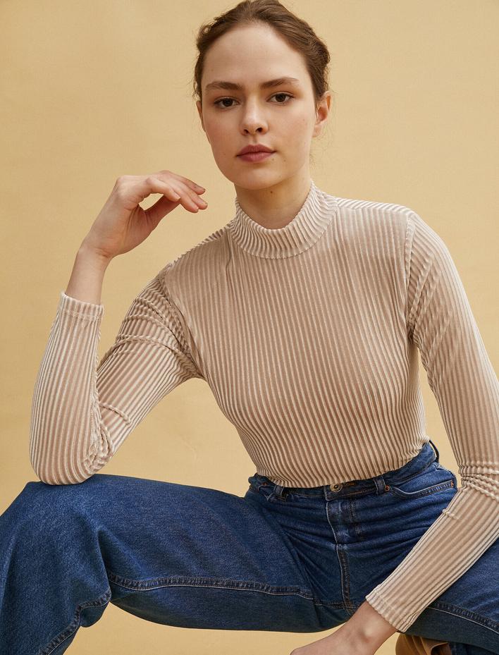  Uzun Kollu Tişört Dik Yaka Kadife