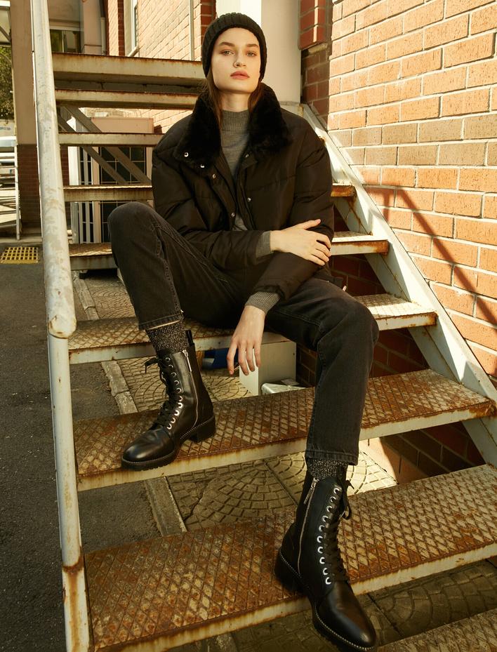  Suni Kürk Detaylı Şişme Mont