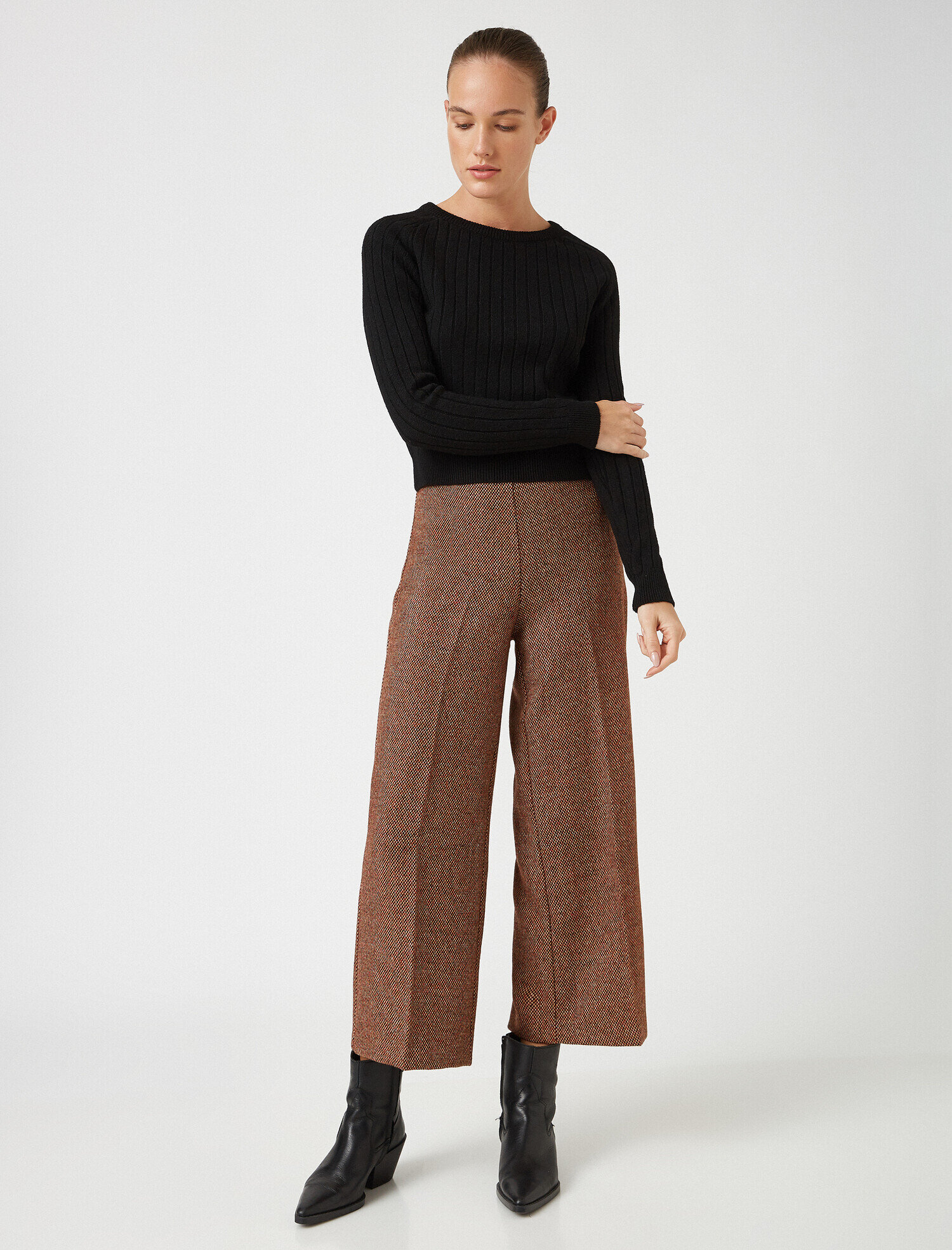   Ekose Geniş Paça Crop Pantolon