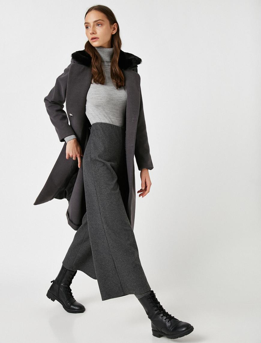   Düz Renk Geniş Paça Crop Pantolon