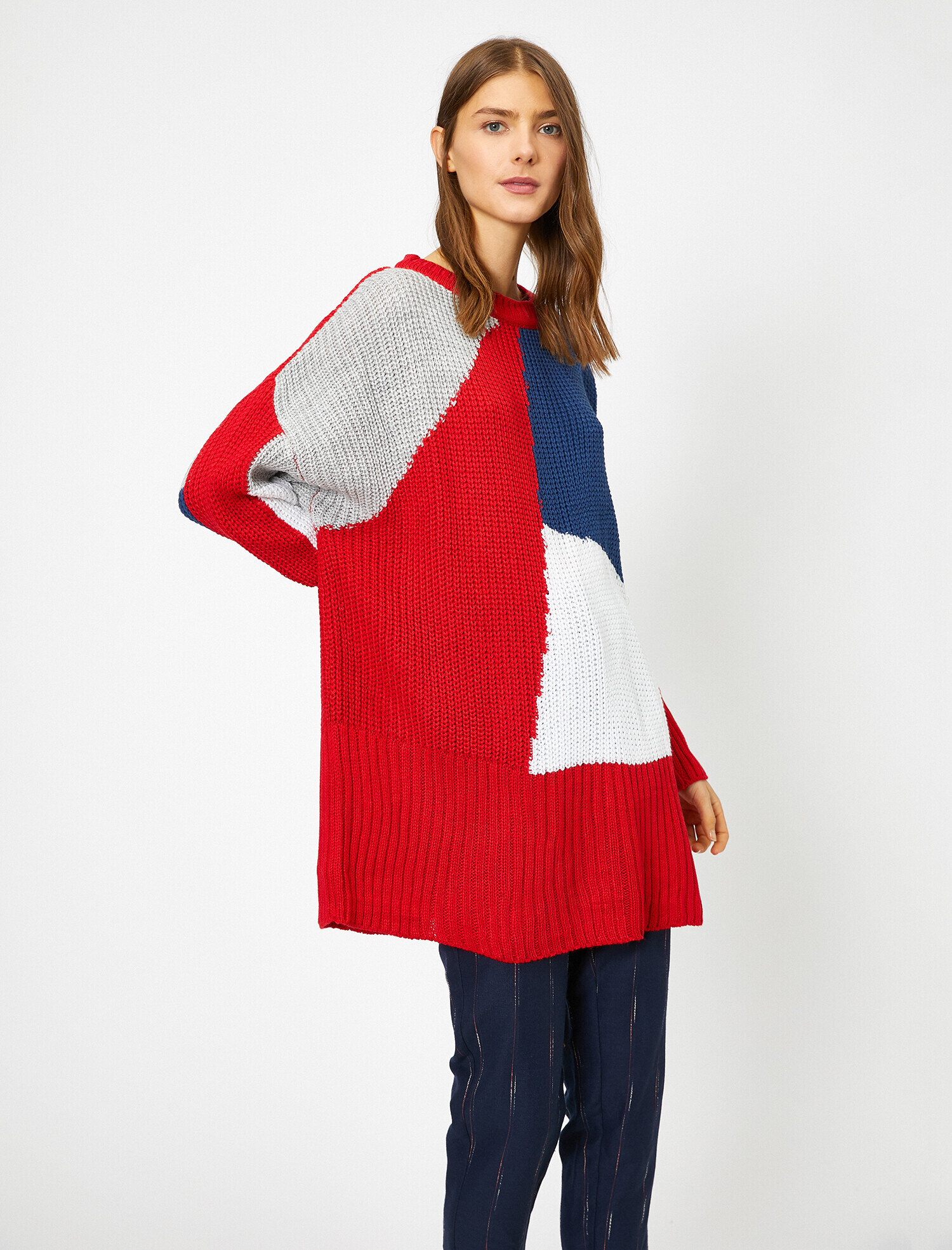   Renk Bloklu Triko Kazak