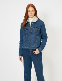 Yakası Suni Kürk Detaylı Jean Ceket