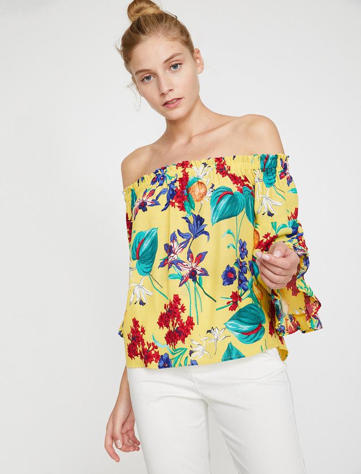  Madonna Yaka Omzu Açık Bluz Dökümlü Fırfırlı Floral Desenli