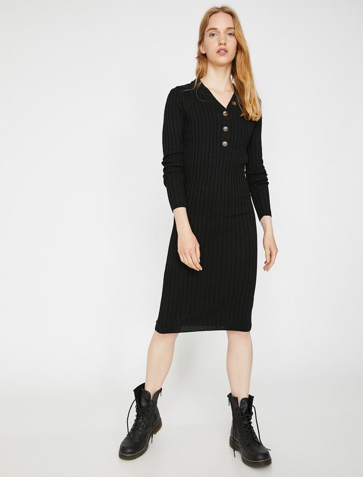  Midi Boy Triko Elbise Düğme Detaylı Dar Kesim