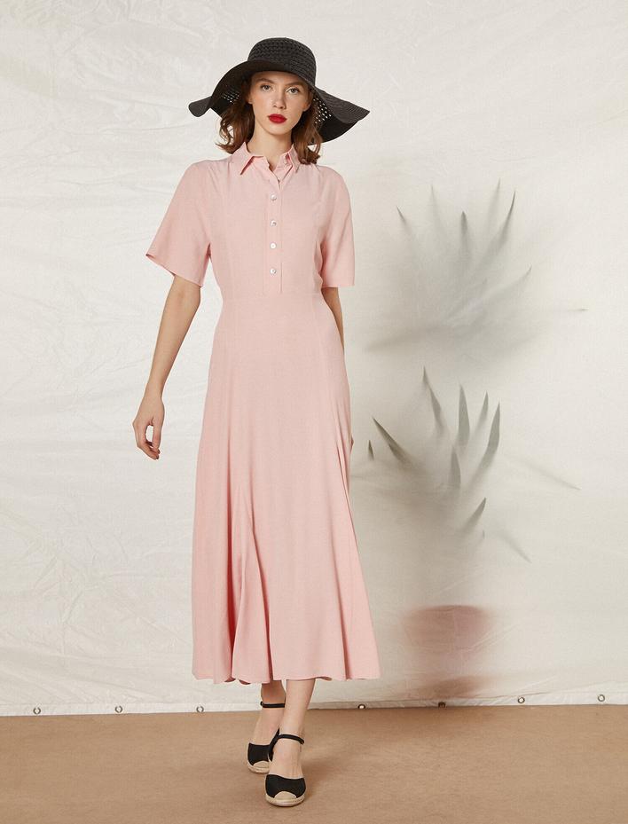  Gömlek Yaka Düğme Detaylı Kısa Kollu Uzun Elbise