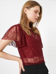 Dantel Detaylı Bisiklet Yaka Kısa Kollu Tişört