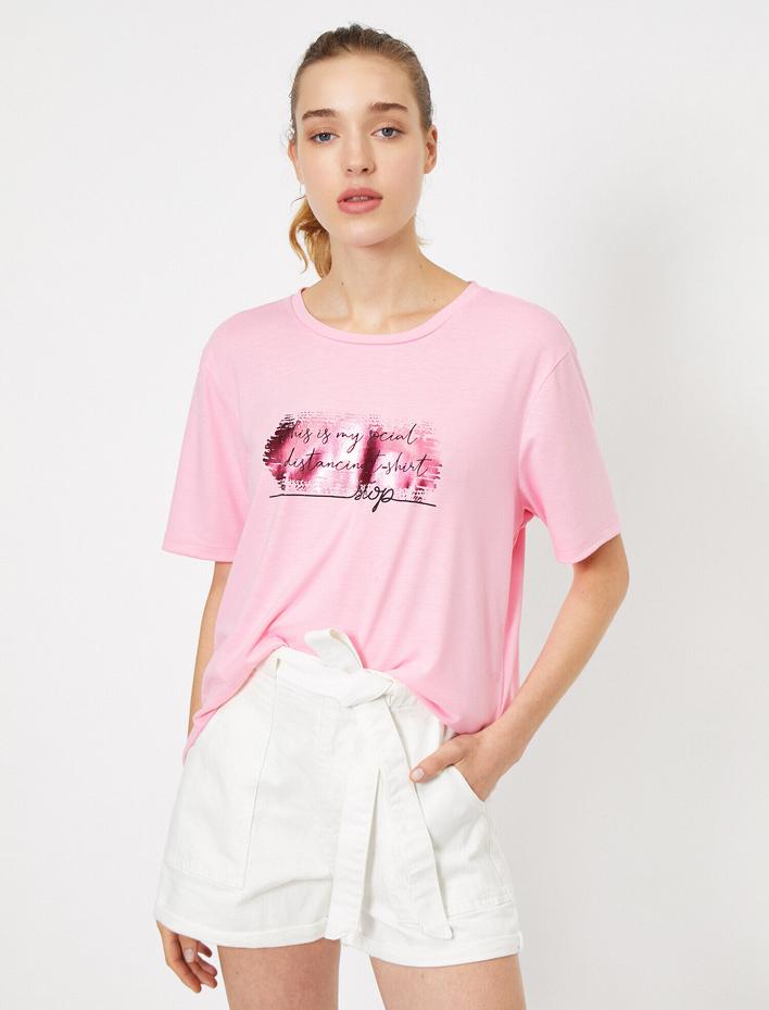  Bisiklet Yaka Kısa Kollu Yazılı Baskılı Tişört