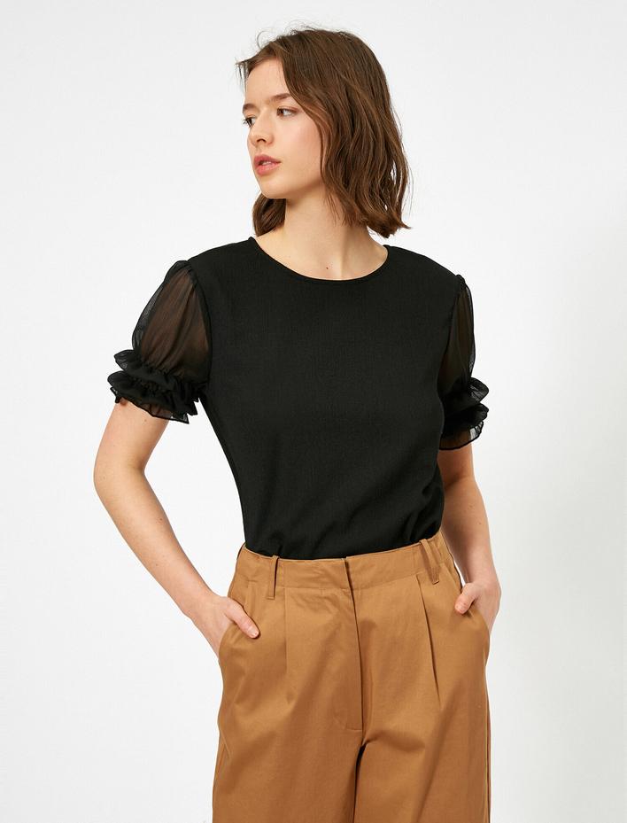  Şifon Kollu Dokulu Tişört