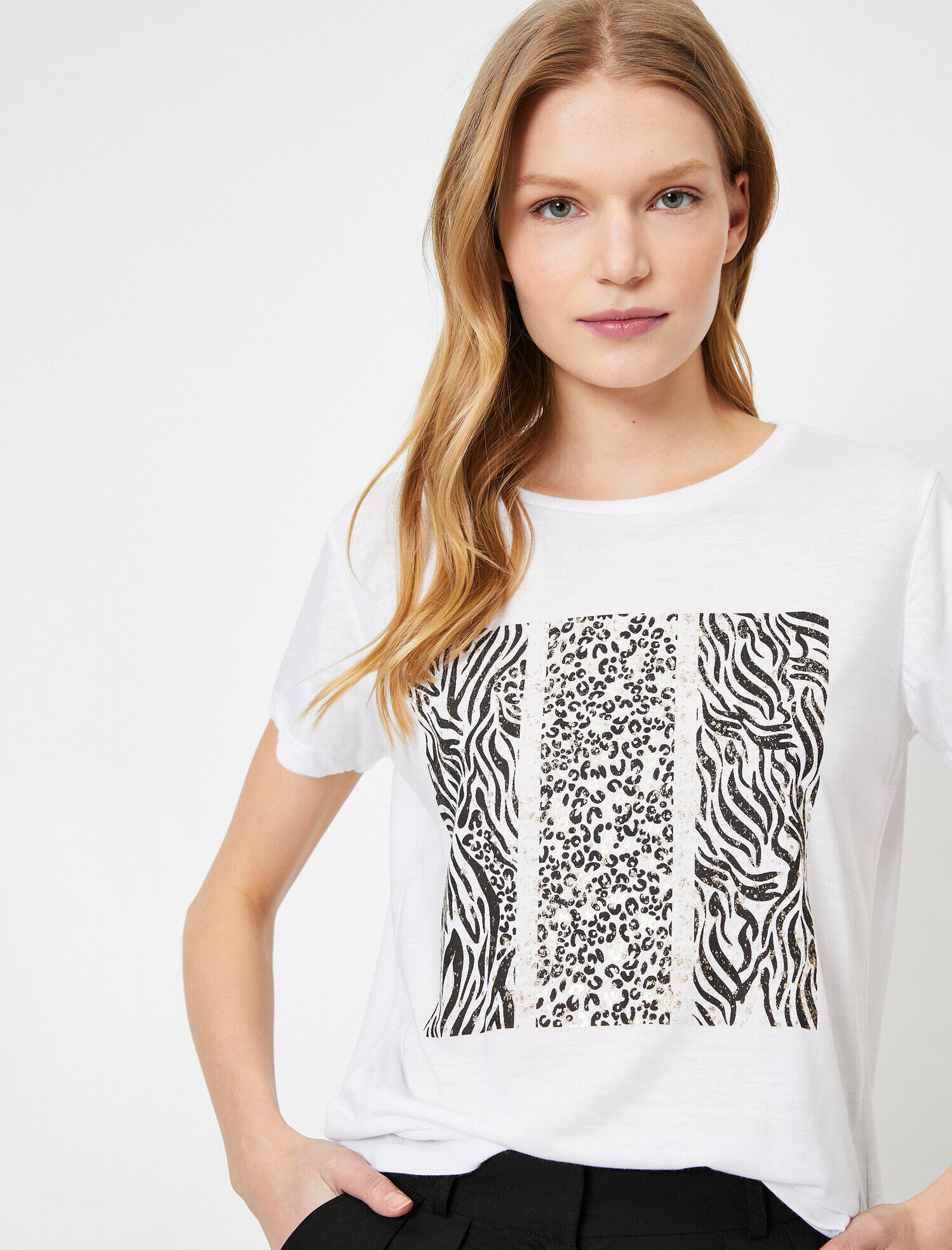   Leopar/Zebra Baskılı Bisiklet Yaka Standart Kalıp Tişört