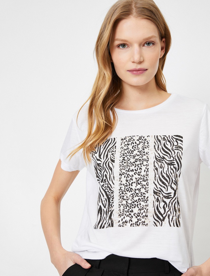  Leopar/Zebra Baskılı Bisiklet Yaka Standart Kalıp Tişört