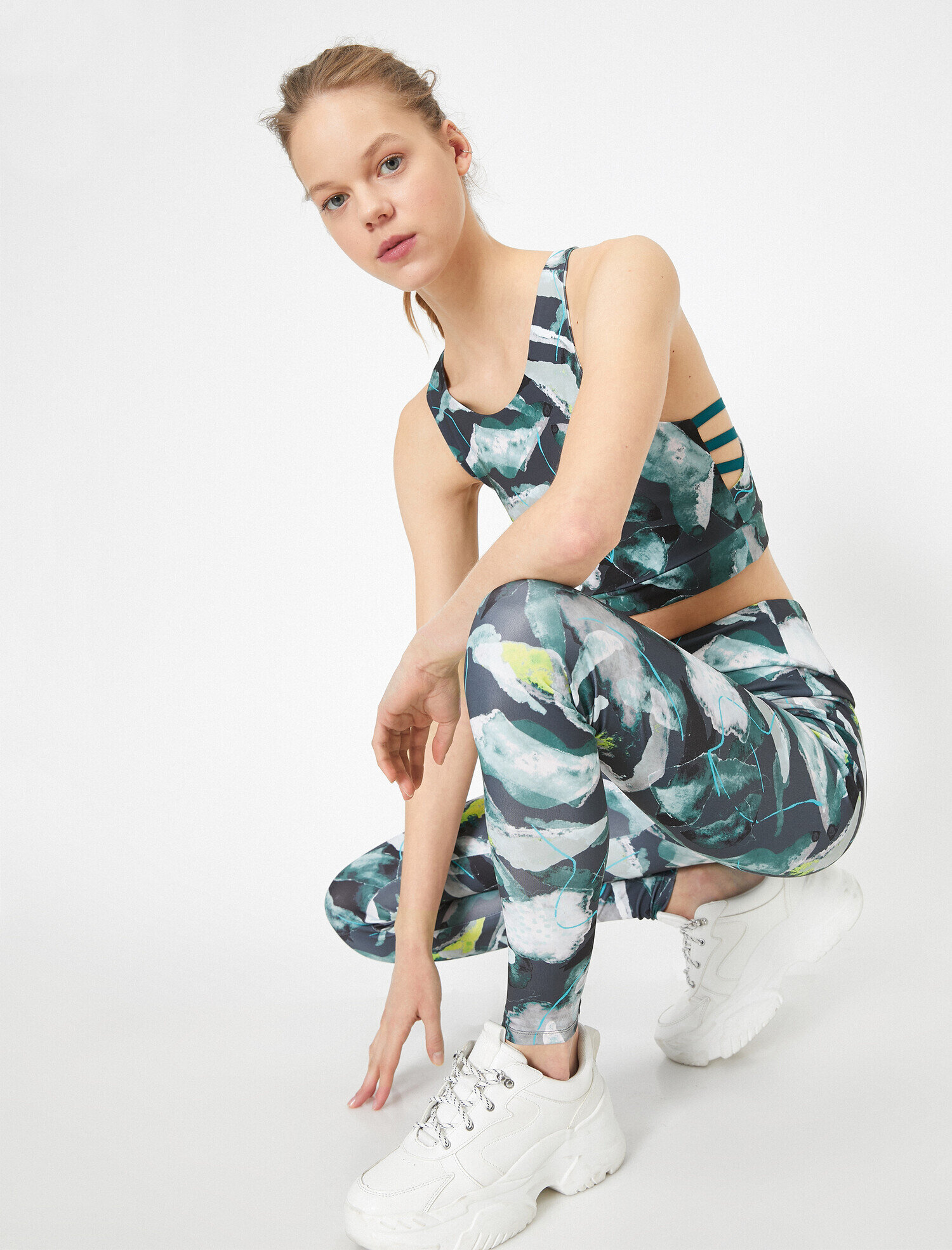   Yeşil Desenli Yüksek Bel Tayt