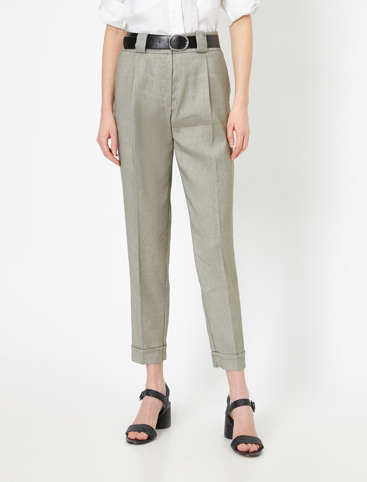   Kemerli Doğal Dokulu Pantolon Keten Karışımlı