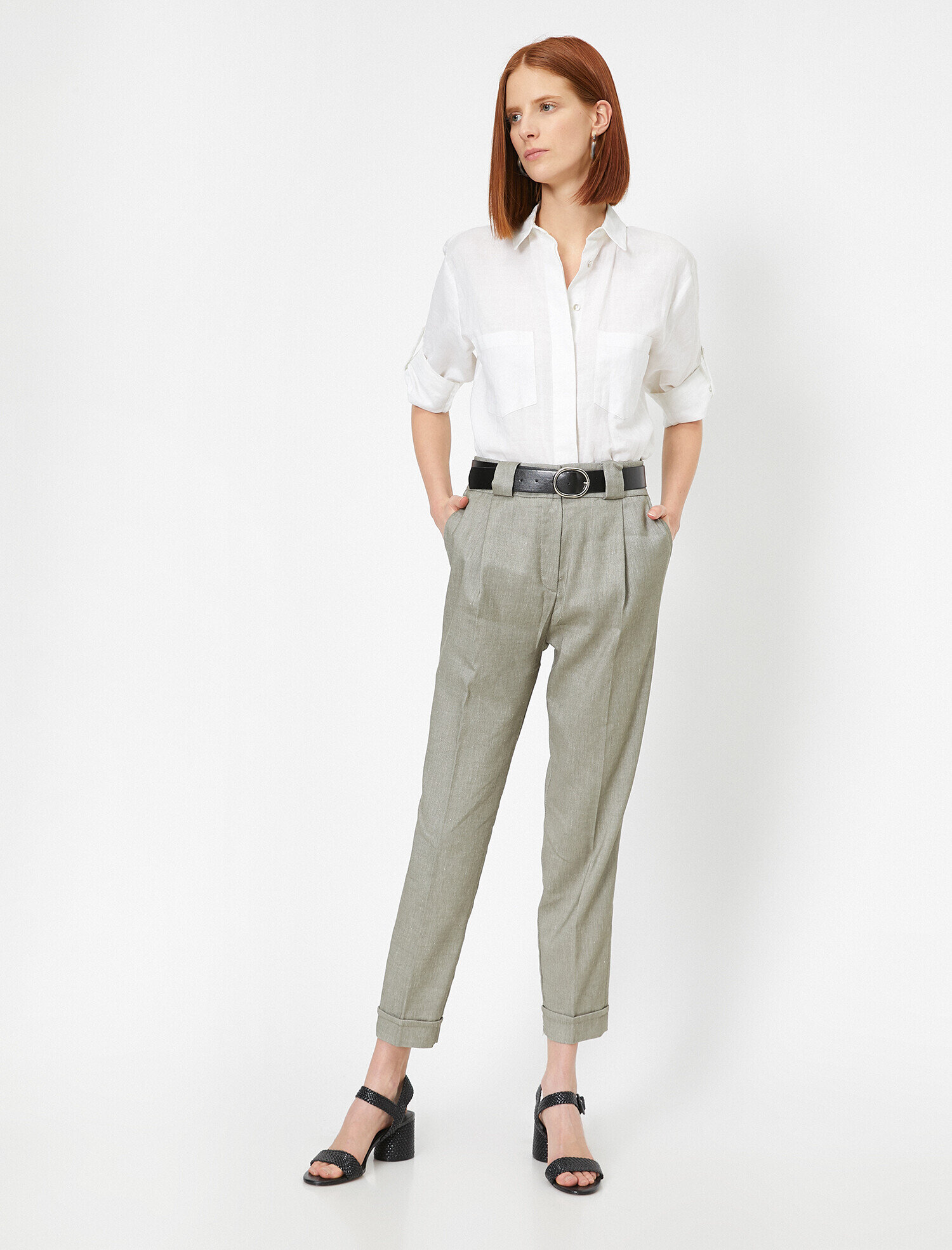   Kemerli Doğal Dokulu Pantolon Keten Karışımlı