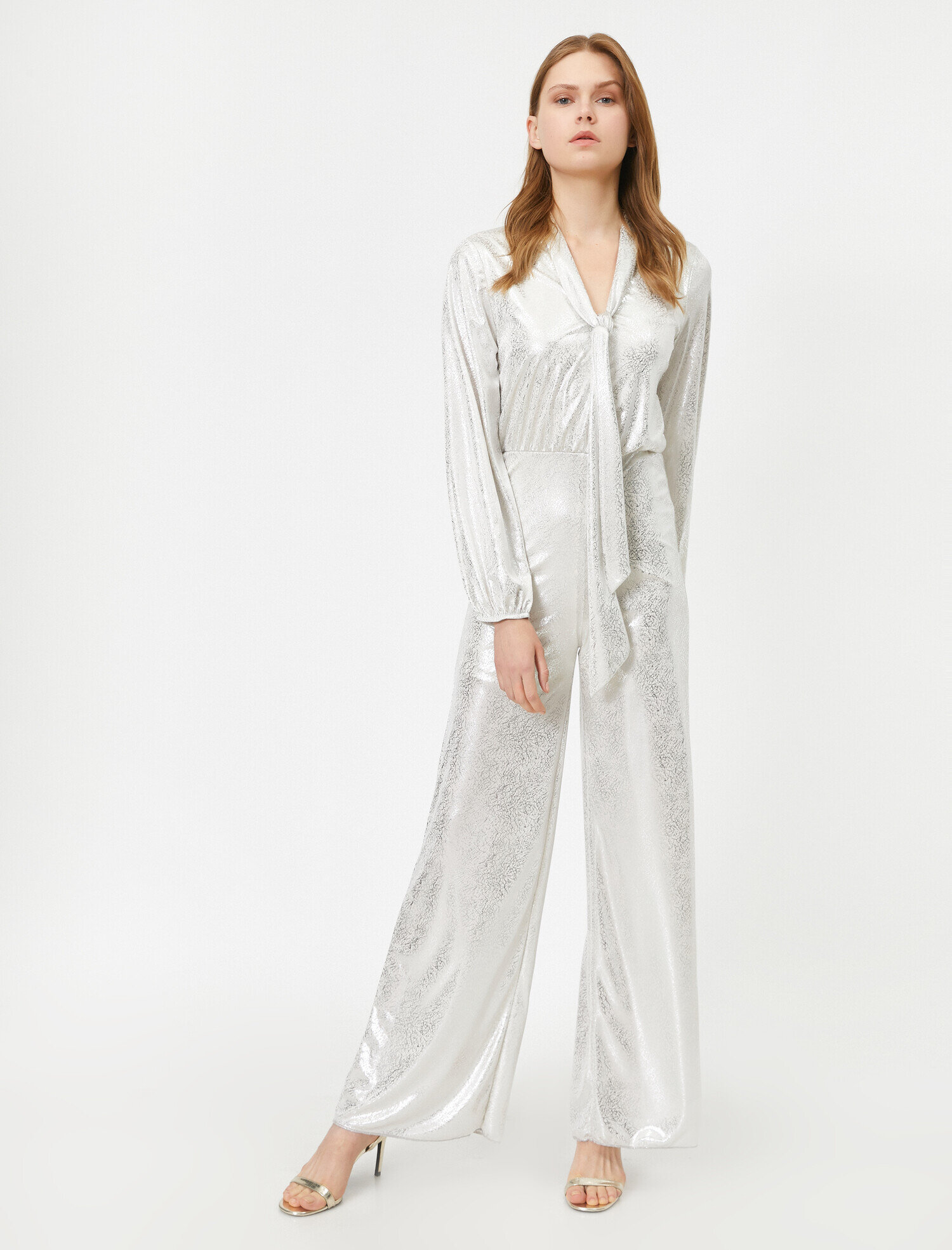 Pırıltılı Abiye Tulum Fular Yaka Uzun Kollu