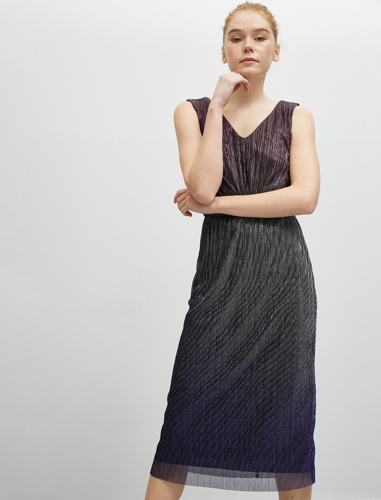   Pileli  Abiye Elbise Kolsuz  Metalik