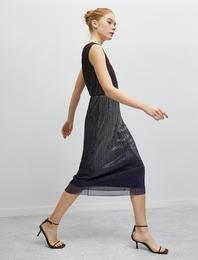 Pileli  Abiye Elbise Kolsuz  Metalik