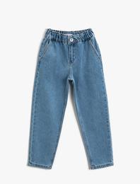 Kot Pantolon Beli Lastikli Cepli Pamuklu - Boyfriend Jean