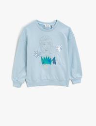 Frozen Lisanslı Pullu Pamuklu Bisiklet Yaka Uzun Kollu Sweatshirt
