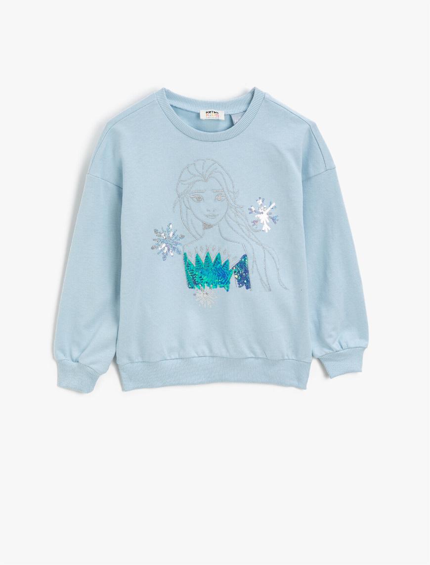  Kız Çocuk Frozen Lisanslı Pullu Pamuklu Bisiklet Yaka Uzun Kollu Sweatshirt