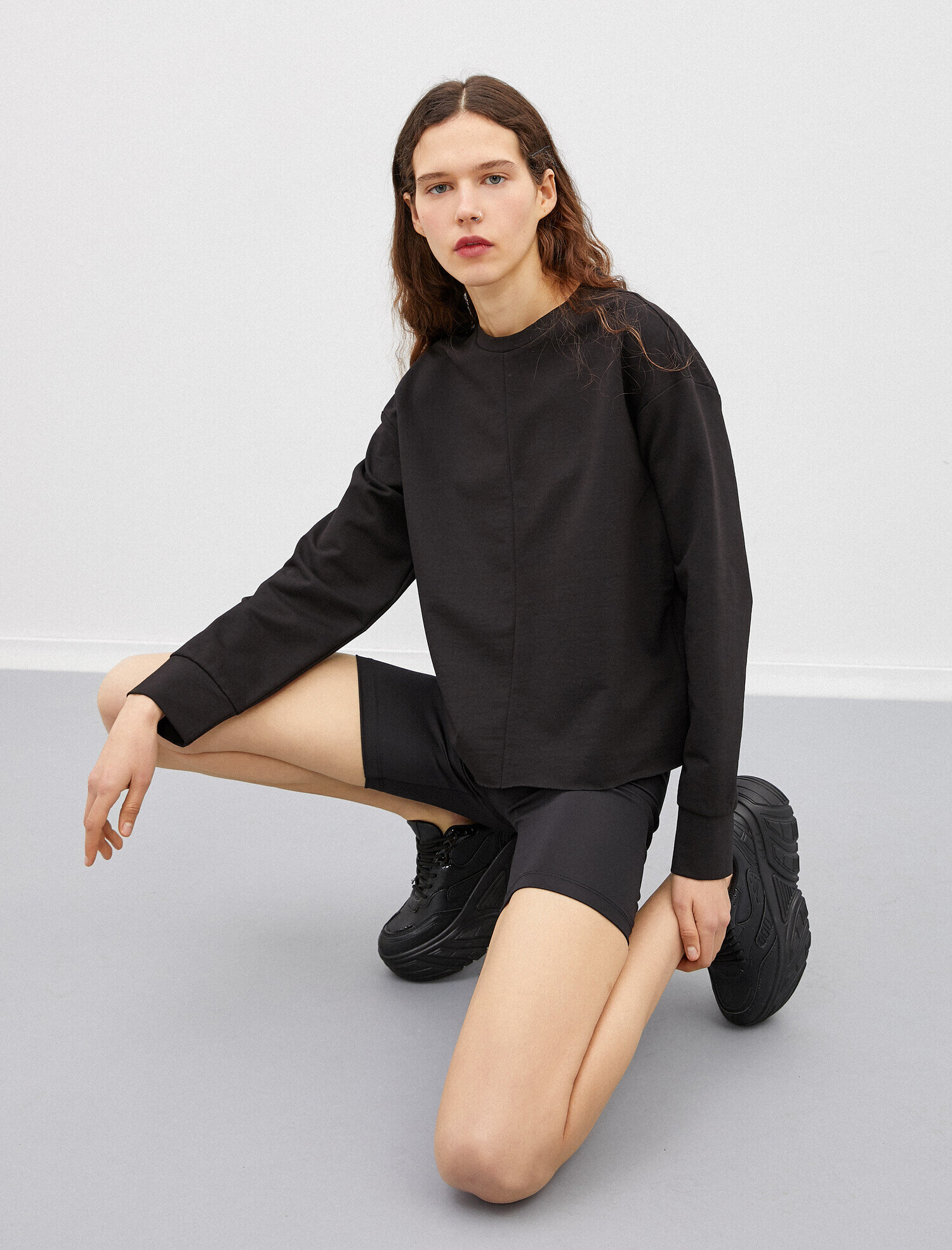   Bisiklet Yaka Sweatshirt Uzun Kollu Pamuklu