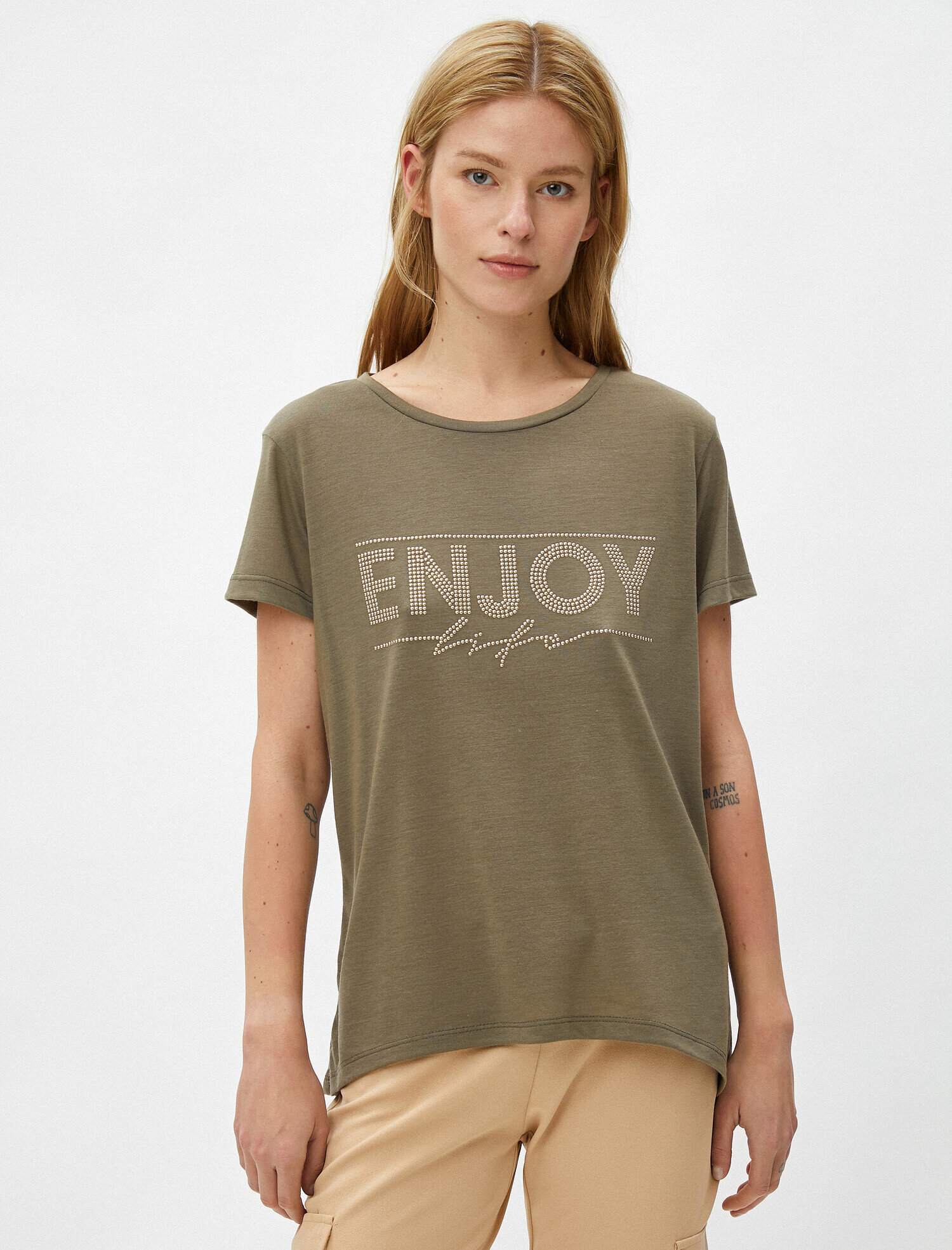   Kısa Kollu Tişört Bisiklet Yaka Slogan Detaylı