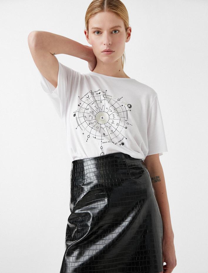  Baskılı Tişört Bisiklet Yaka Kısa Kollu Oversize