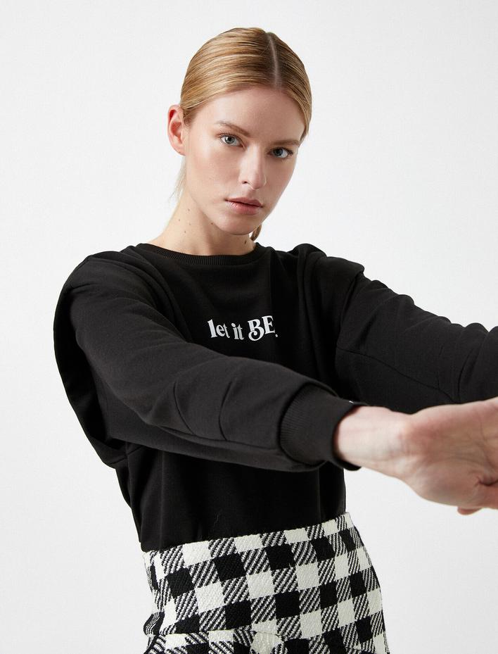  Yazılı Sweatshirt Omuz Detaylı Pamuklu