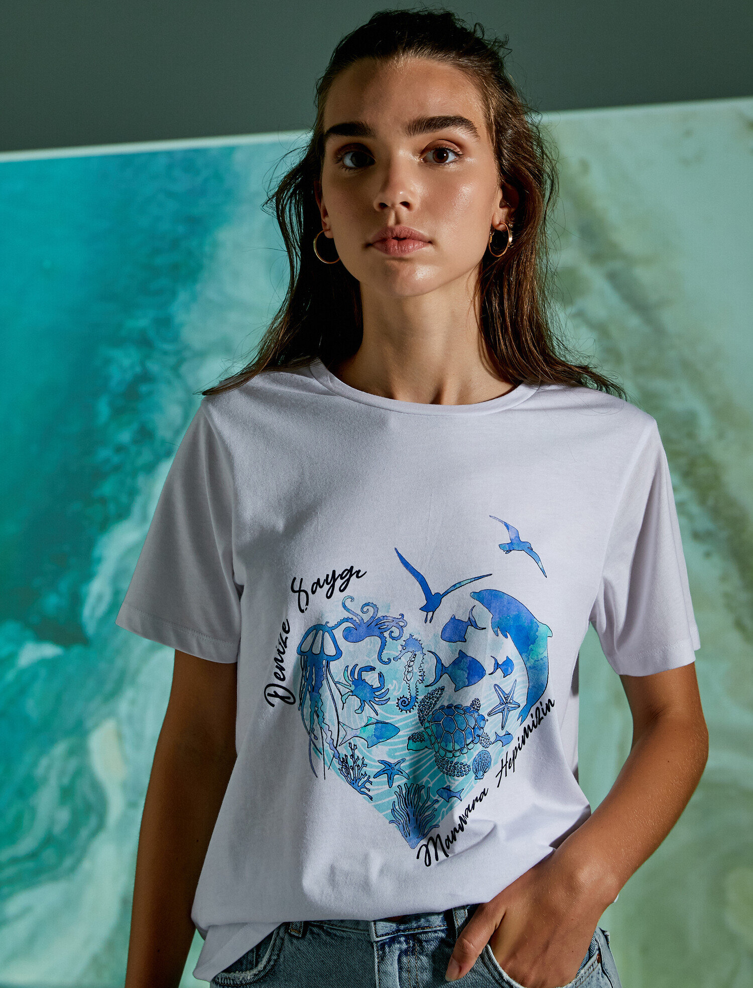   Marmara Temalı Baskılı Tişört Pamuklu