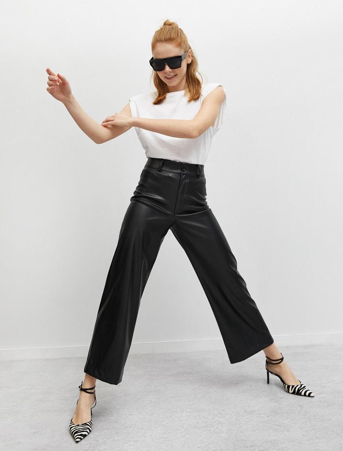  Suni Deri Geniş Paça Pantolon