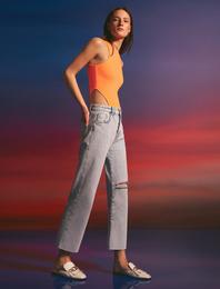 Yüksek Bel Yırtık Normal Kesim Düz Paça Kot Straight Jean Pantolon - Eve Jean
