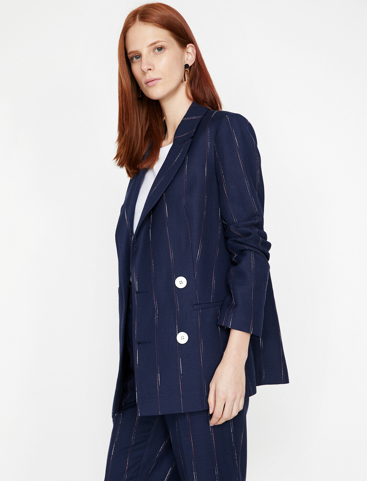   Çizgili Kruvaze Blazer Ceket Keten Karışımlı