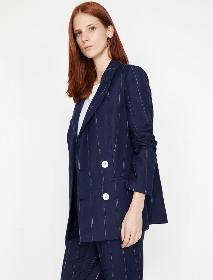  Çizgili Kruvaze Blazer Ceket Keten Karışımlı