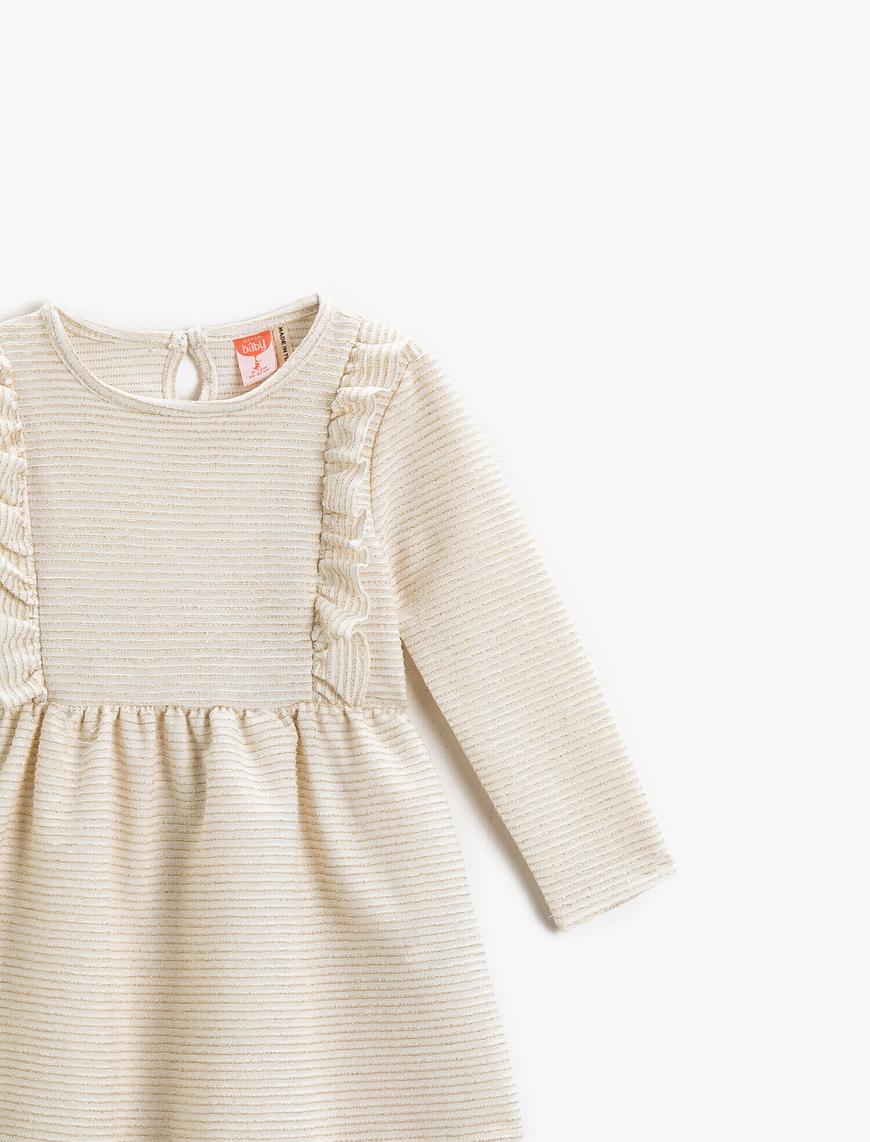  Kız Bebek Fırfır Detaylı Elbise Yuvarlak Yaka Uzun Kollu