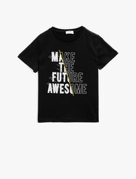 Yazılı Tişört Bisiklet Yaka Kısa Kollu Pamuklu