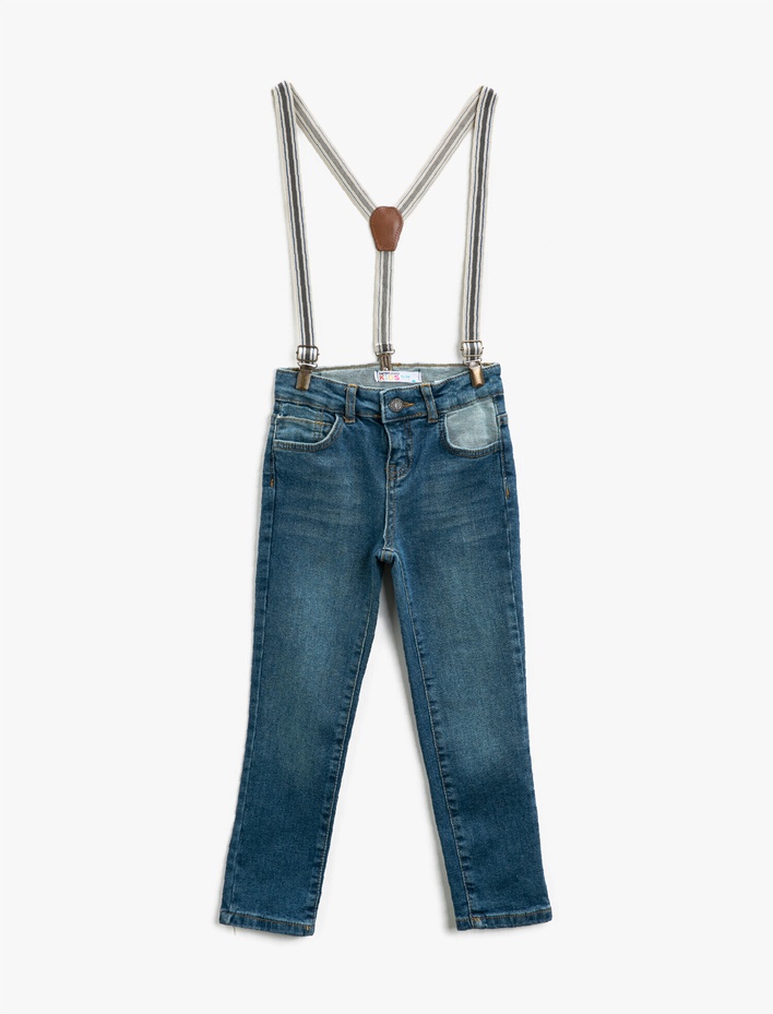 Erkek Çocuk Kot Pantolon Dar Paça Pamuklu Cepli Askılı - Regular Jean