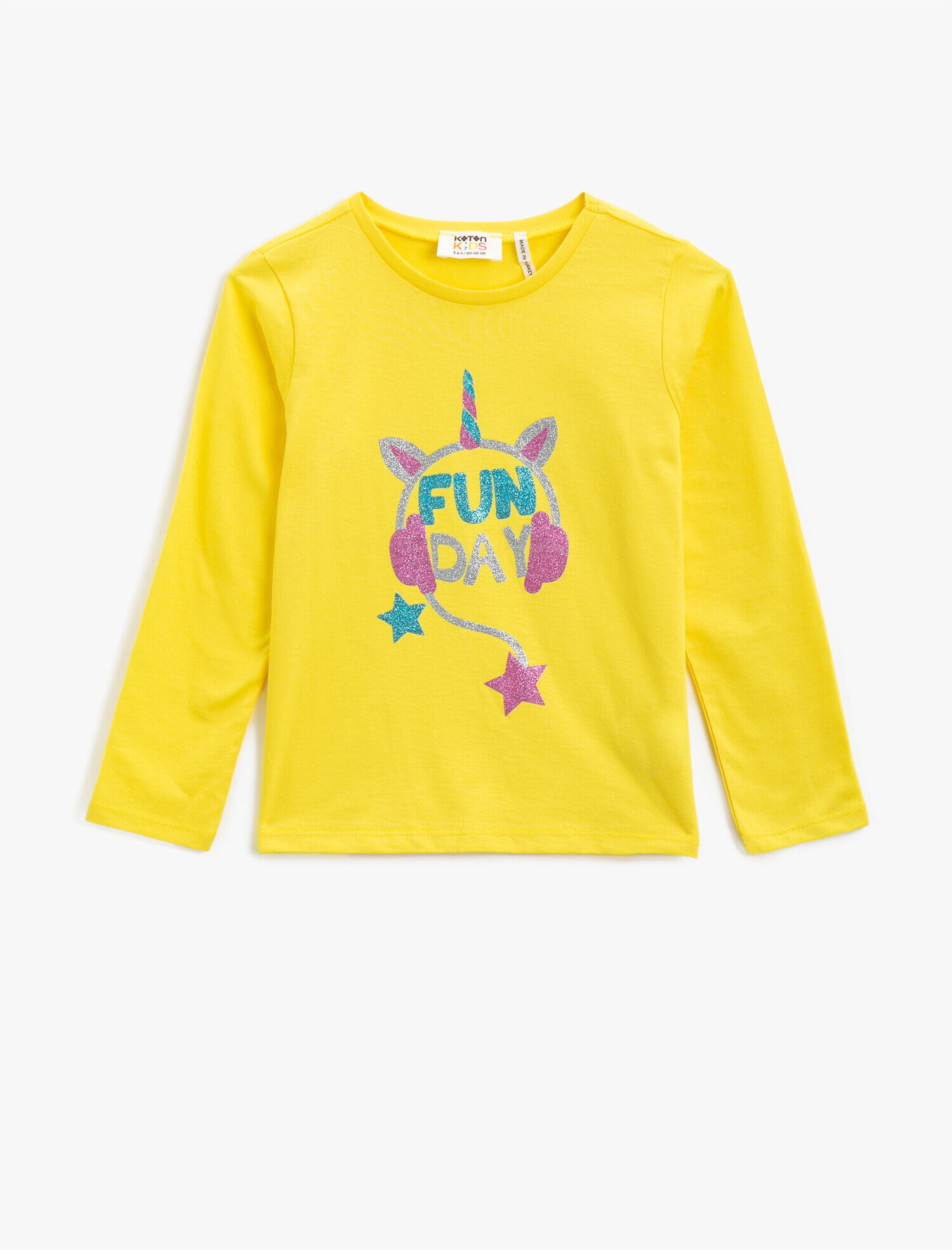  Kız Çocuk Unicorn Pamuklu Simli Baskılı Bisiklet Yaka Uzun Kollu Tişört