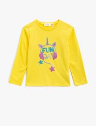 Unicorn Pamuklu Simli Baskılı Bisiklet Yaka Uzun Kollu Tişört